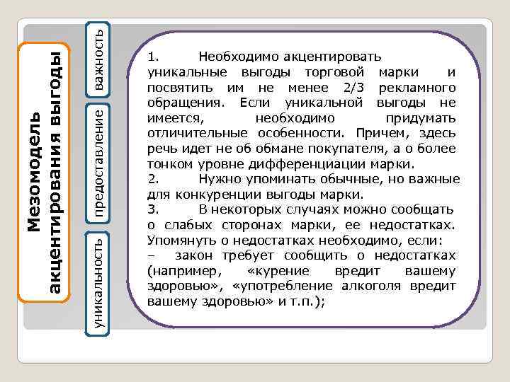 важность предоставление уникальность Мезомодель акцентирования выгоды 1. Необходимо акцентировать уникальные выгоды торговой марки и