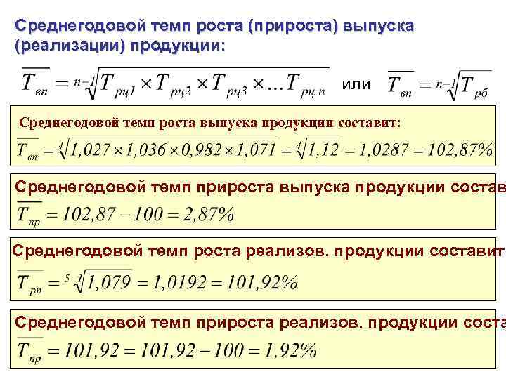 Среднегодовой темп роста (прироста) выпуска (реализации) продукции: или Среднегодовой темп роста выпуска продукции составит: