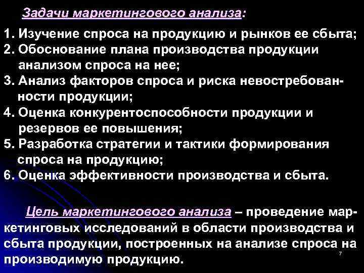 Задачи маркетингового анализа: анализа 1. Изучение спроса на продукцию и рынков ее сбыта; 2.