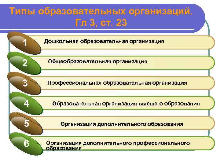 Типы образовательных организаций. Гл 3, ст. 23 1 Дошкольная образовательная организация 2 Общеобразовательная организация