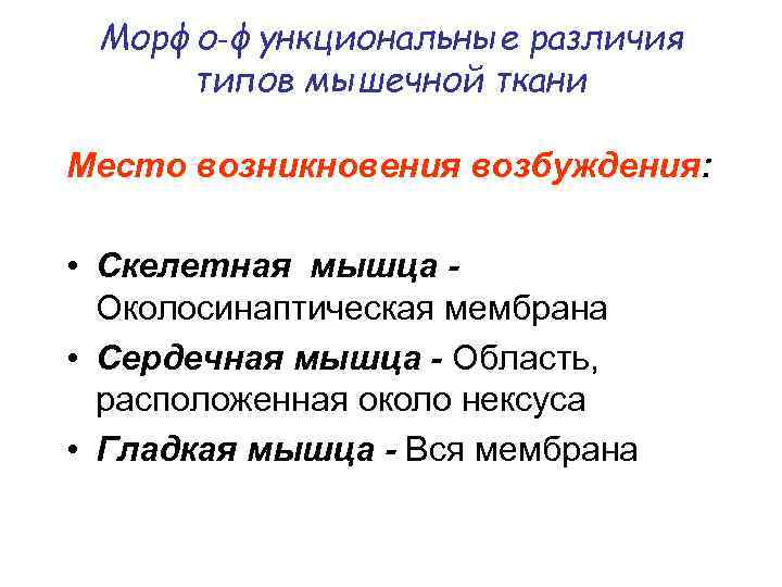 Морфо‑функциональные различия типов мышечной ткани Место возникновения возбуждения: • Скелетная мышца - Околосинаптическая мембрана