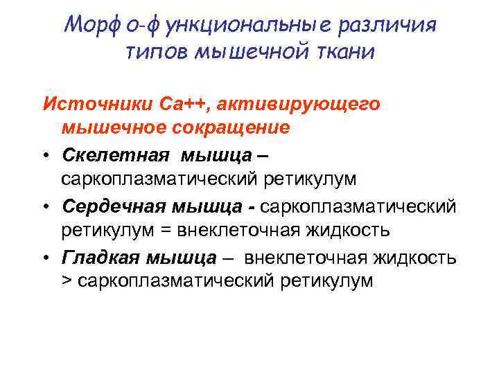 Морфо‑функциональные различия типов мышечной ткани Источники Ca++, активирующего мышечное сокращение • Скелетная мышца –