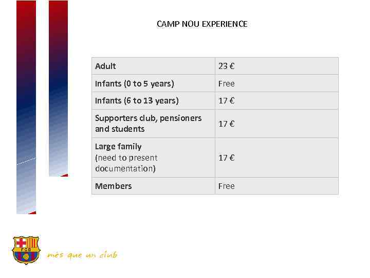CAMP NOU EXPERIENCE Adult 23 € Infants (0 to 5 years) Free Infants (6