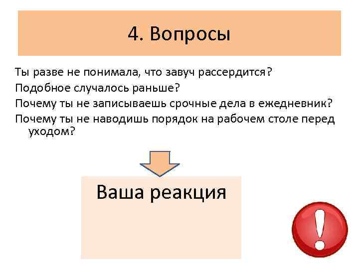 4. Вопросы Ты разве не понимала, что завуч рассердится? Подобное случалось раньше? Почему ты