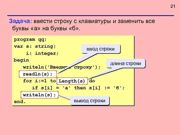 21 Задача: ввести строку с клавиатуры и заменить все буквы «а» на буквы «б»