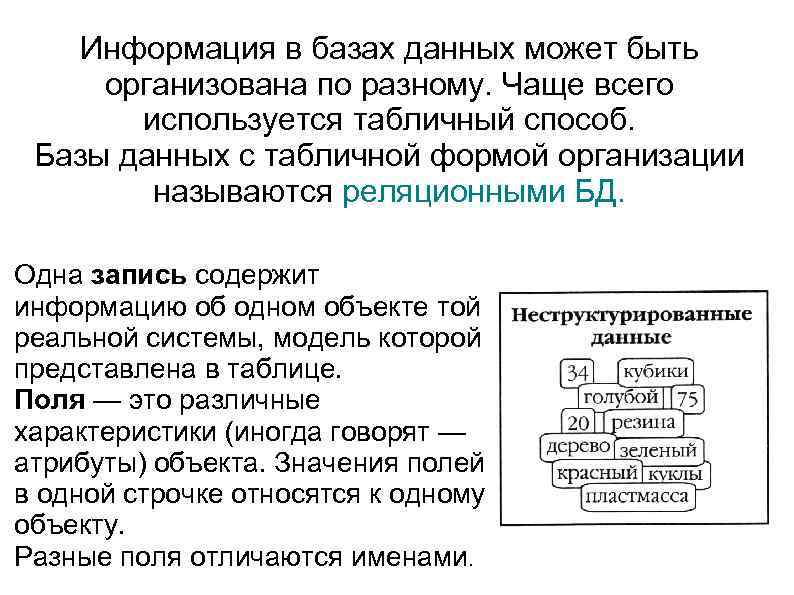 Информация в базах данных может быть организована по разному. Чаще всего используется табличный способ.