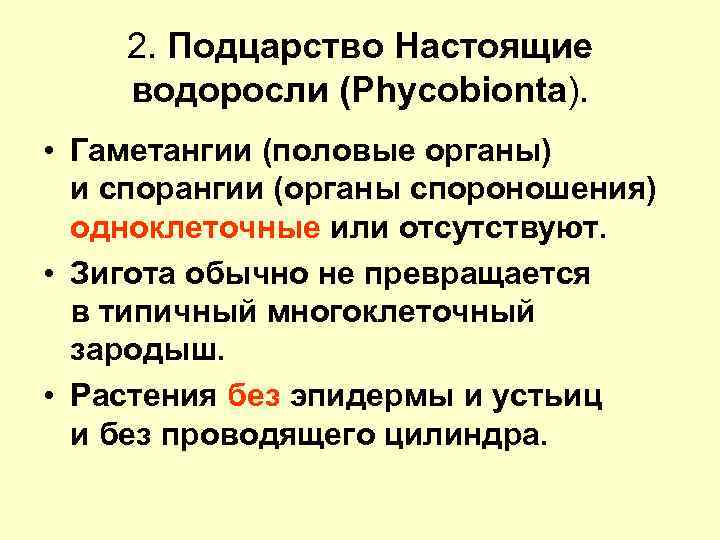 2. Подцарство Настоящие водоросли (Phycobionta). • Гаметангии (половые органы) и спорангии (органы спороношения) одноклеточные