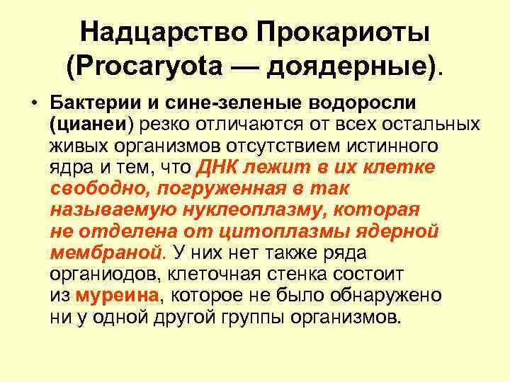 Надцарство Прокариоты (Procaryota — доядерные). • Бактерии и сине-зеленые водоросли (цианеи) резко отличаются от