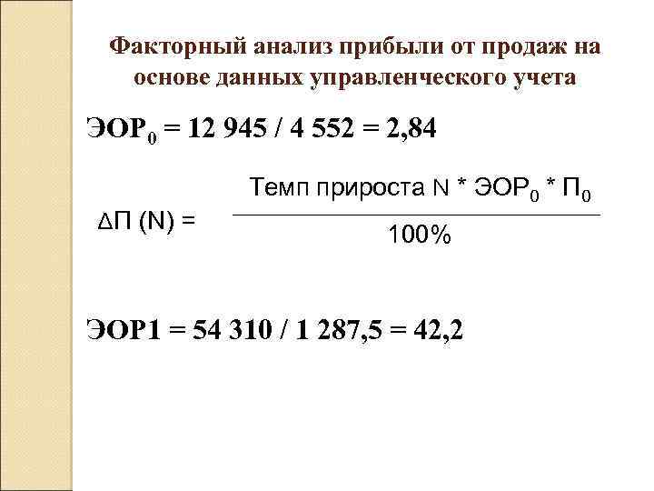 Факторный анализ прибыли от продаж на основе данных управленческого учета ЭОР 0 = 12