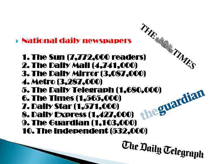  National daily newspapers 1. The Sun (7, 772, 000 readers) 2. The Daily