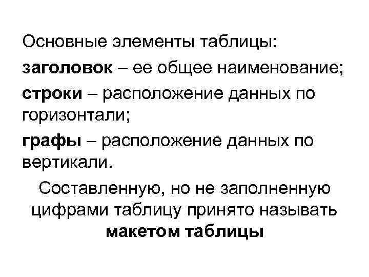 Основные элементы таблицы: заголовок – ее общее наименование; строки – расположение данных по горизонтали;