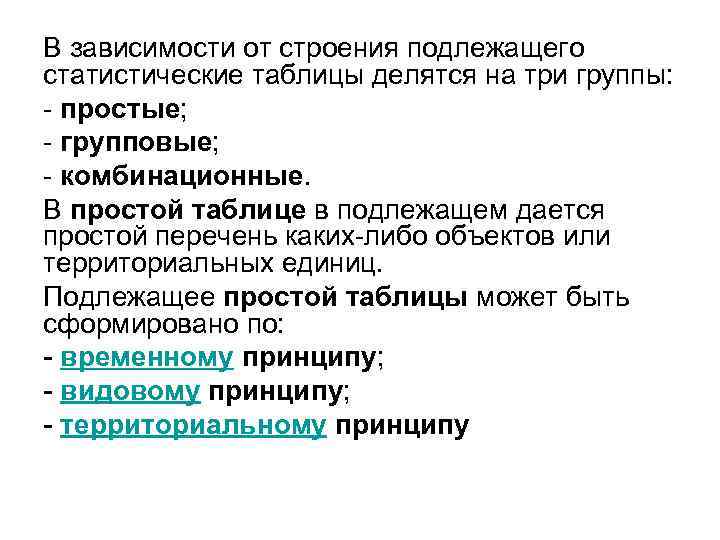 В зависимости от строения подлежащего статистические таблицы делятся на три группы: - простые; -