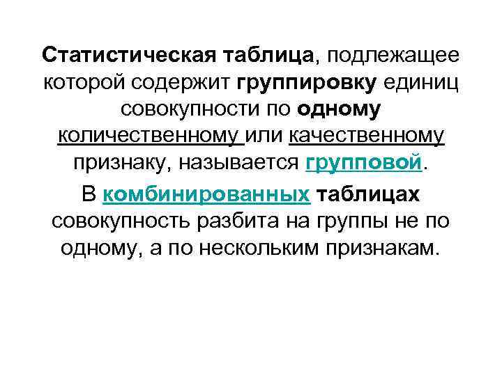 Статистическая таблица, подлежащее которой содержит группировку единиц совокупности по одному количественному или качественному признаку,