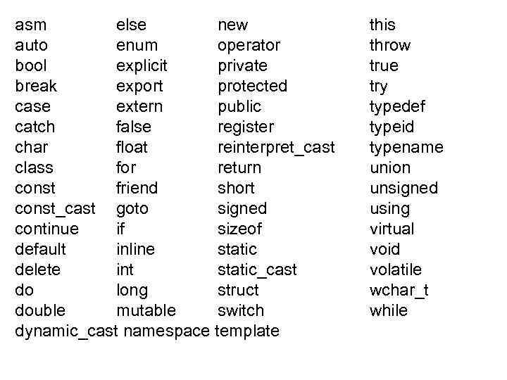 asm else new auto enum operator bool explicit private break export protected case extern