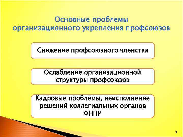 Основные проблемы организационного укрепления профсоюзов Снижение профсоюзного членства Ослабление организационной структуры профсоюзов Кадровые проблемы,