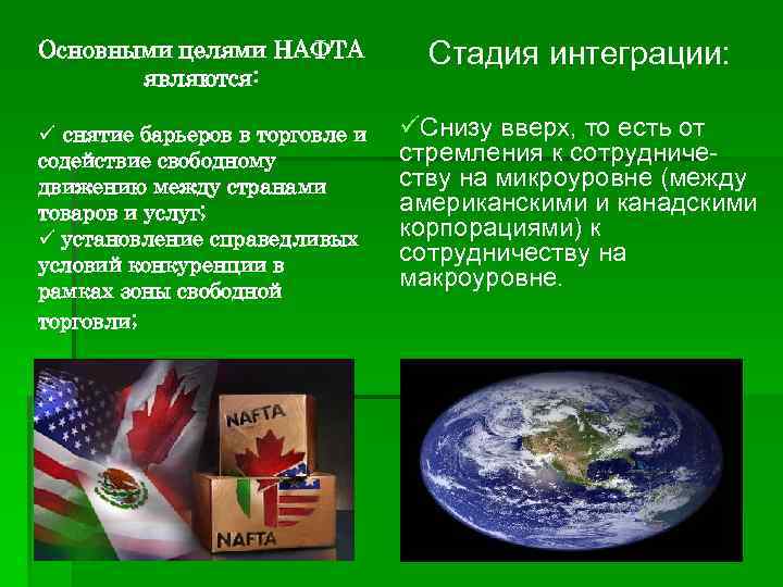 Основными целями НАФТА являются: Стадия интеграции: ü снятие барьеров в торговле и содействие свободному
