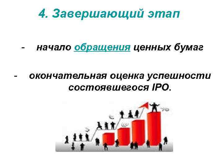 4. Завершающий этап - начало обращения ценных бумаг окончательная оценка успешности состоявшегося IPO. 