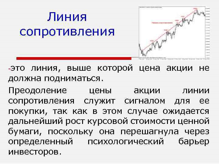 Линия сопротивления -это линия, выше которой цена акции не должна подниматься. Преодоление цены акции