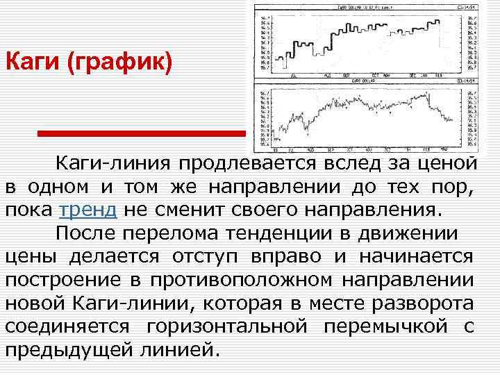 Каги (график) Каги-линия продлевается вслед за ценой в одном и том же направлении до