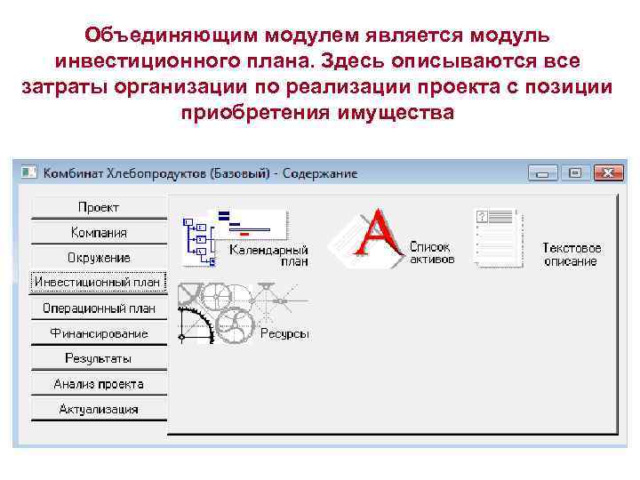 Объединяющим модулем является модуль инвестиционного плана. Здесь описываются все затраты организации по реализации проекта