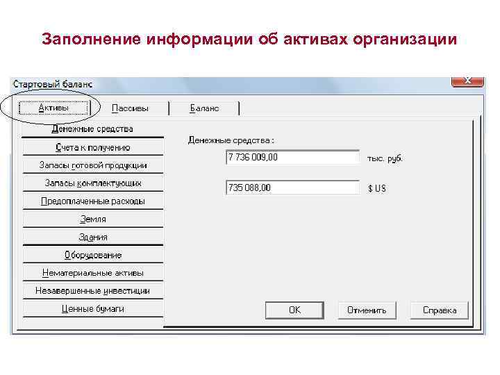 Заполнение информации об активах организации 