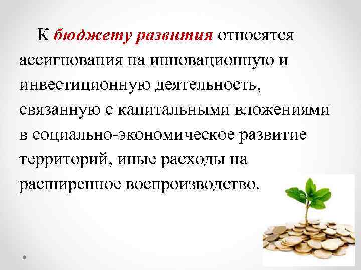 К бюджету развития относятся ассигнования на инновационную и инвестиционную деятельность, связанную с капитальными вложениями