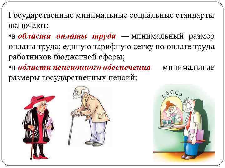 Государственные минимальные социальные стандарты включают: • в области оплаты труда — минимальный размер оплаты