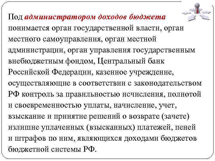 Под администратором доходов бюджета понимается орган государственной власти, орган местного самоуправления, орган местной администрации,