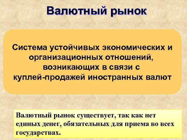 Валютный рынок Система устойчивых экономических и организационных отношений, возникающих в связи с куплей продажей