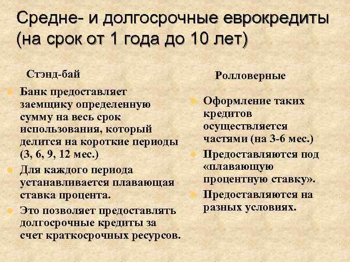 Средне- и долгосрочные еврокредиты (на срок от 1 года до 10 лет) l l