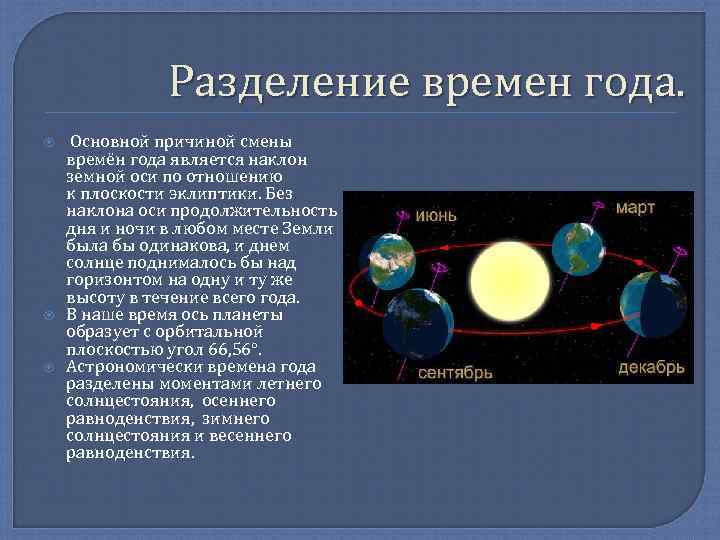 Разделение времен года. Основной причиной смены времён года является наклон земной оси по отношению