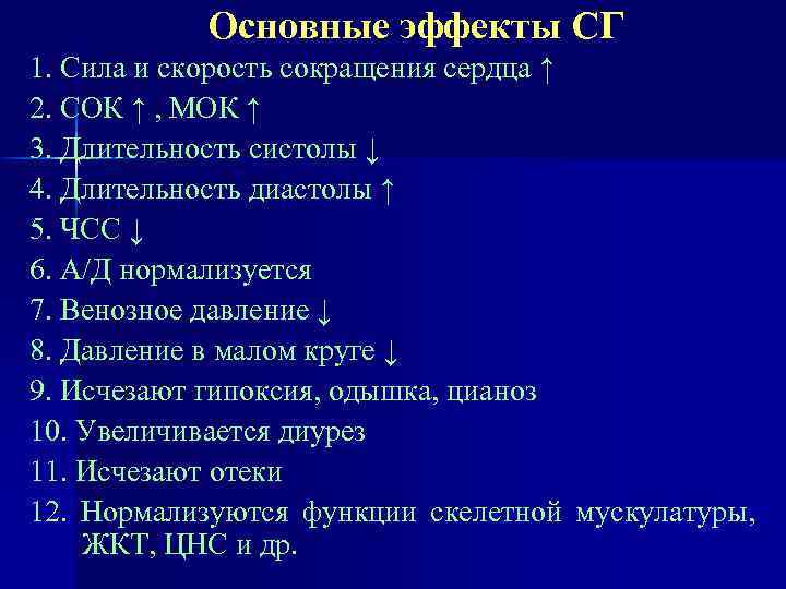 Основные эффекты СГ 1. Сила и скорость сокращения сердца ↑ 2. СОК ↑ ,