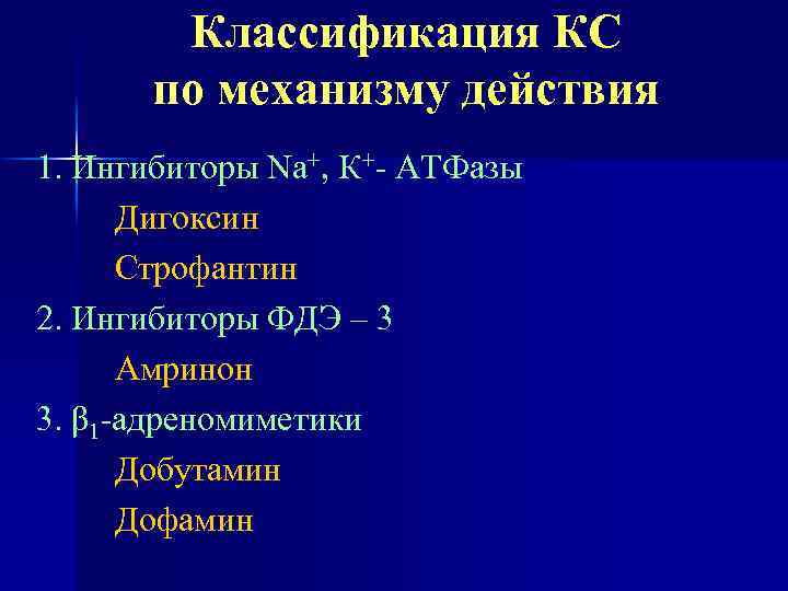 Классификация КС по механизму действия 1. Ингибиторы Na+, К+- АТФазы Дигоксин Строфантин 2. Ингибиторы