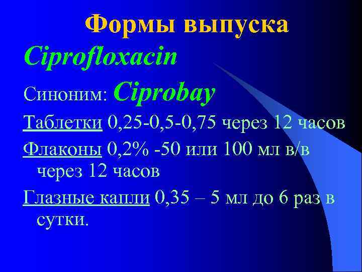 Формы выпуска Ciprofloxacin Синоним: Ciprobay Таблетки 0, 25 -0, 75 через 12 часов Флаконы