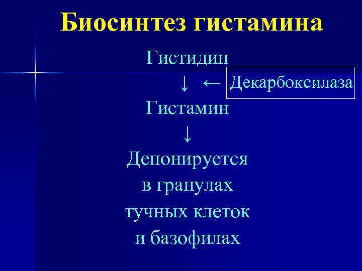 Биосинтез гистамина Гистидин ↓ ← Декарбоксилаза Гистамин ↓ Депонируется в гранулах тучных клеток и