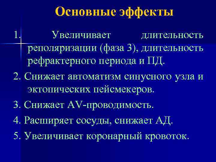 Основные эффекты 1. Увеличивает длительность реполяризации (фаза 3), длительность рефрактерного периода и ПД. 2.