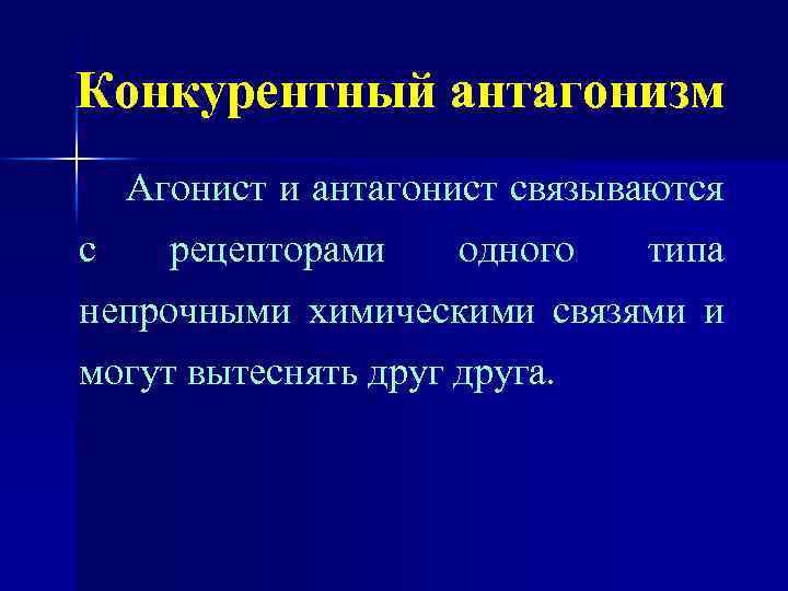 Конкурентный антагонизм Агонист и антагонист связываются с рецепторами одного типа непрочными химическими связями и