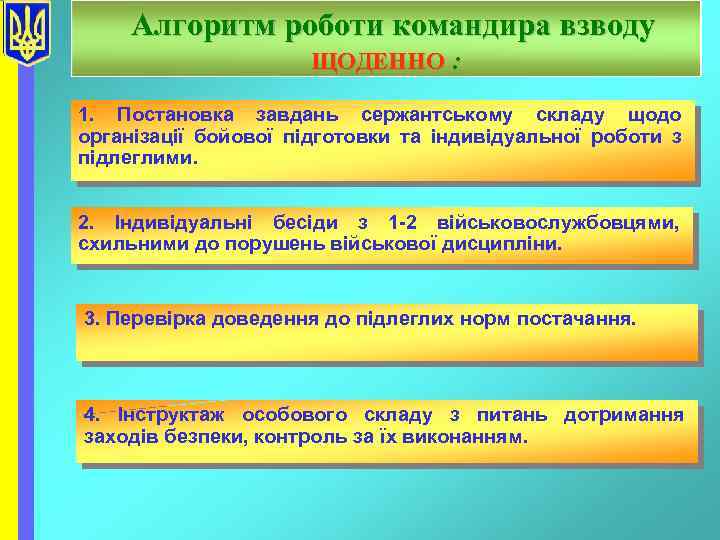 Алгоритм роботи командира взводу ЩОДЕННО : 1. Постановка завдань сержантському складу щодо організації бойової
