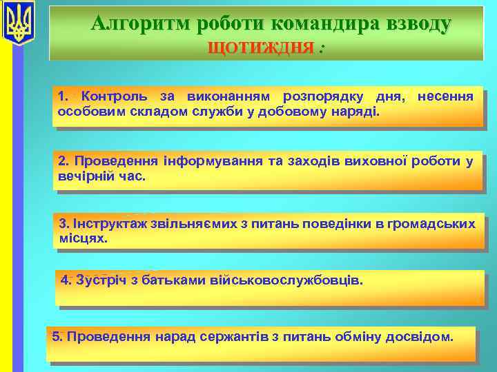 Алгоритм роботи командира взводу ЩОТИЖДНЯ : 1. Контроль за виконанням розпорядку дня, несення особовим