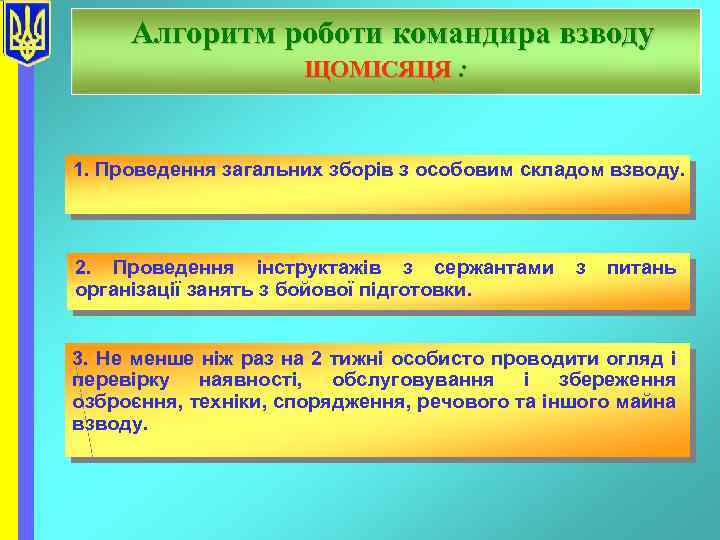 Алгоритм роботи командира взводу ЩОМІСЯЦЯ : 1. Проведення загальних зборів з особовим складом взводу.