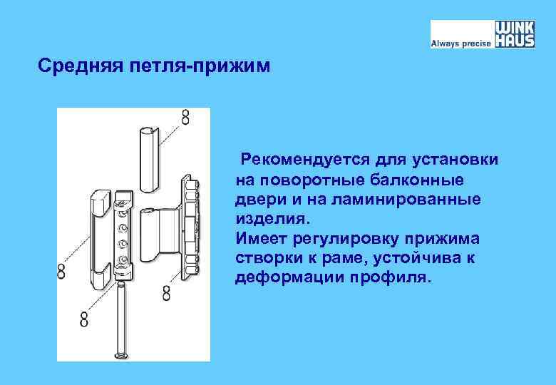 Средняя петля-прижим Рекомендуется для установки на поворотные балконные двери и на ламинированные изделия. Имеет