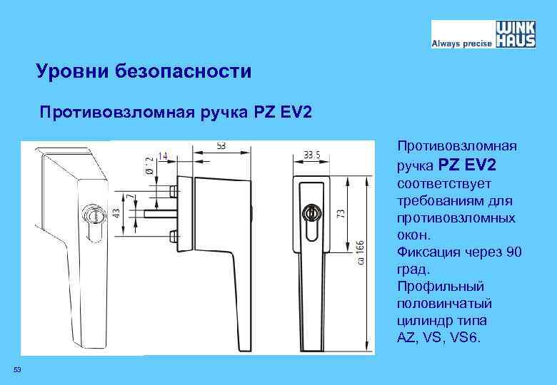 Уровни безопасности Противовзломная ручка PZ EV 2 соответствует требованиям для противовзломных окон. Фиксация через