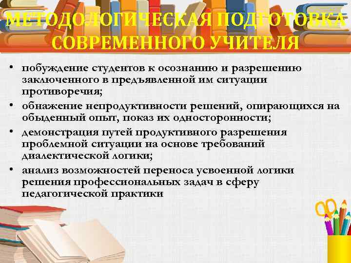 МЕТОДОЛОГИЧЕСКАЯ ПОДГОТОВКА СОВРЕМЕННОГО УЧИТЕЛЯ • побуждение студентов к осознанию и разрешению заключенного в предъявленной