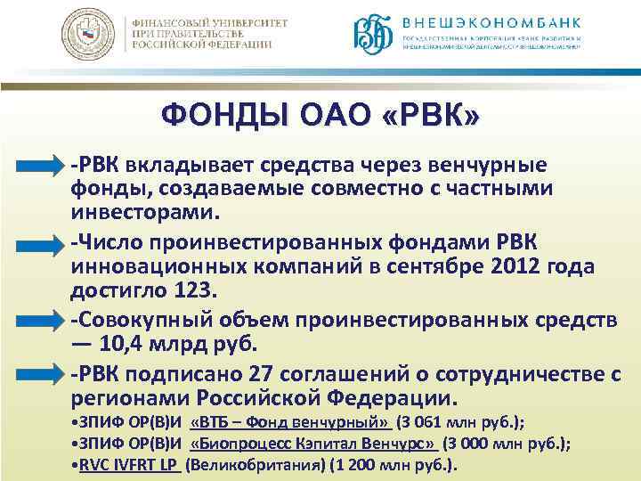 ФОНДЫ ОАО «РВК» -РВК вкладывает средства через венчурные фонды, создаваемые совместно с частными инвесторами.