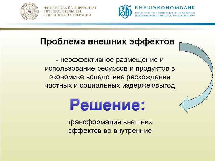Проблема внешних эффектов - неэффективное размещение и использование ресурсов и продуктов в экономике вследствие