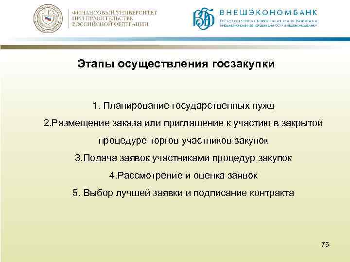 Этапы осуществления госзакупки 1. Планирование государственных нужд 2. Размещение заказа или приглашение к участию