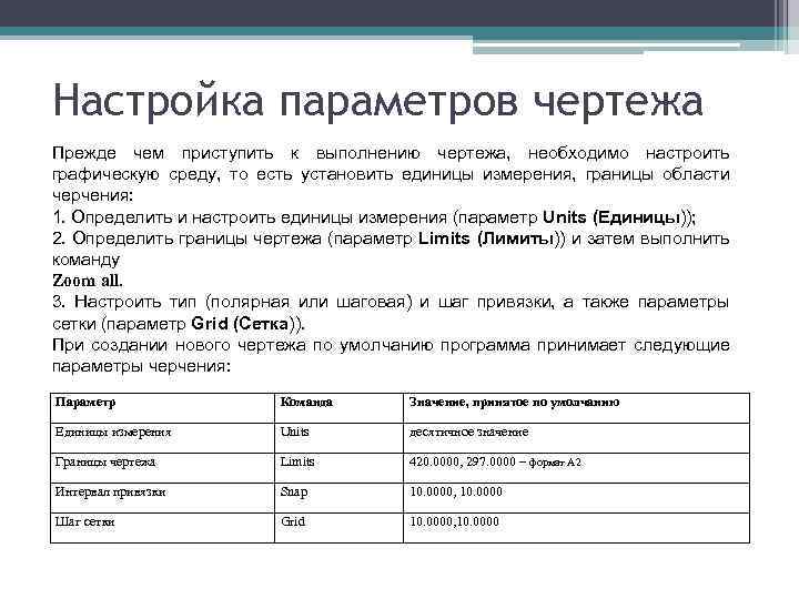 Настройка параметров чертежа Прежде чем приступить к выполнению чертежа, необходимо настроить графическую среду, то