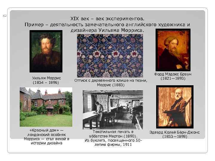 XIX век – век экспериментов. Пример – деятельность замечательного английского художника и дизайнера Уильяма