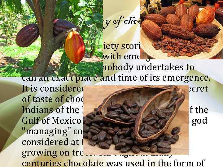 The history of chocolate • There are great variety stories and the legends connected