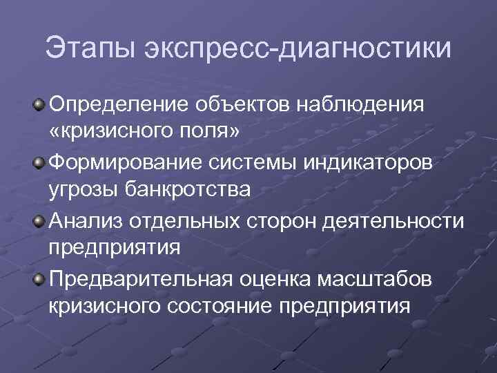 Этапы экспресс-диагностики Определение объектов наблюдения «кризисного поля» Формирование системы индикаторов угрозы банкротства Анализ отдельных